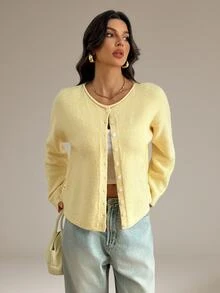 SHEIN Tall Women's Casual Knit Cardigan, Autumn/Winter - Light Yellow - View 5