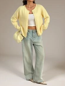 SHEIN Tall Women's Casual Knit Cardigan, Autumn/Winter - Light Yellow - View 4