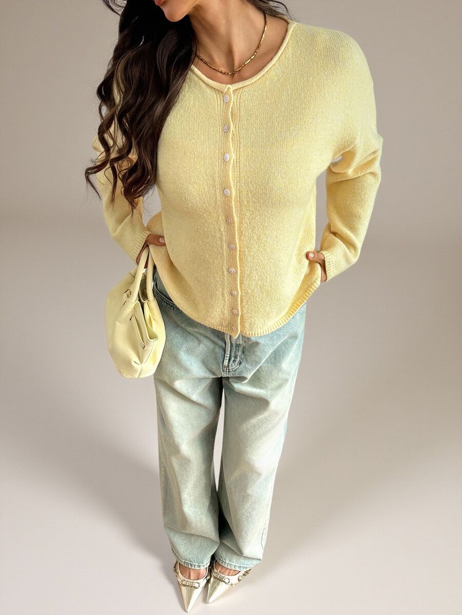 SHEIN Tall Women's Casual Knit Cardigan, Autumn/Winter - Light Yellow - View 1
