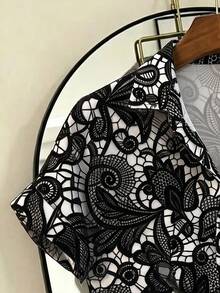 Franclia Kemeja Wanita Lengan Pendek Berkerah Lengan Kelelawar Longgar Desain Prancis, Cocok untuk Liburan Musim Semi/Panas, Jalan-jalan, Hitam Putih, Gaya Boho Elegan - Hitam - View 4