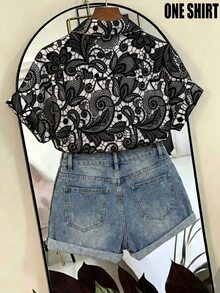 Franclia Kemeja Wanita Lengan Pendek Berkerah Lengan Kelelawar Longgar Desain Prancis, Cocok untuk Liburan Musim Semi/Panas, Jalan-jalan, Hitam Putih, Gaya Boho Elegan - Hitam - View 2