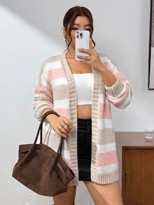 Lounesse Plus Size Women's Striped Drop Shoulder Long Sleeve Casual Knit Cardigan Winter - Multicolor - View 4