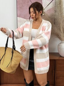 Lounesse Plus Size Women's Striped Drop Shoulder Long Sleeve Casual Knit Cardigan Winter - Multicolor - View 7