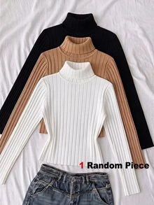 SHEIN Tween Girls Autumn/Winter Fuzzy Kids White Knitted High Neck Casual Slim Fit Textured Ribbed Base Layer Versatile Minimalist T-Shirt Top - Black - View 4