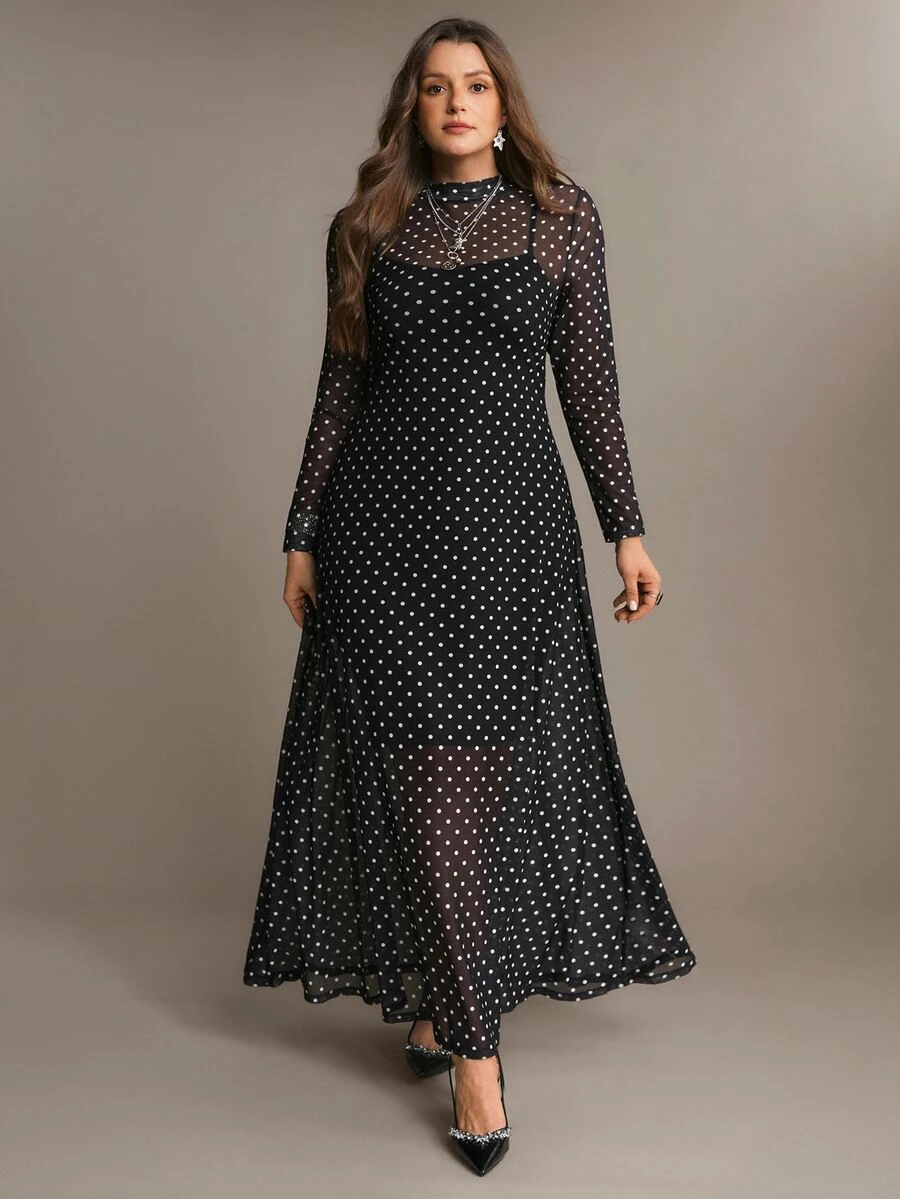 Freevana Plus Size Elegant Party Banquet Polka Dot Dress 2pcs Set Fall - Black - View 1