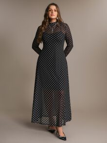 Freevana 大尺碼優雅派對宴會波點洋裝 2件套 秋季 - 黑色 - 查看 3