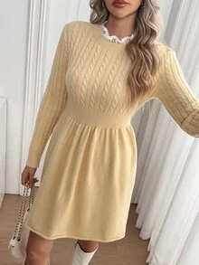 Breezaya Women's Round Neck Long Sleeve Solid Color Sweater Dress - Apricot - View 4