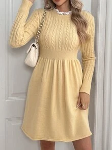 Breezaya Women's Round Neck Long Sleeve Solid Color Sweater Dress - Apricot - View 3
