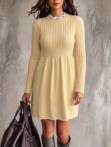 Breezaya Women's Round Neck Long Sleeve Solid Color Sweater Dress - Apricot - View 7