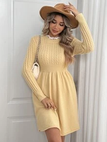 Breezaya Women's Round Neck Long Sleeve Solid Color Sweater Dress - Apricot - View 5
