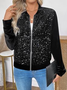 EMERY ROSE Jaket Wanita Modis untuk Komuter dengan Hiasan Payet dan Patchwork, Nyaman untuk Musim Gugur dan Cocok untuk Pesta Malam di Klub, Warna Hitam Seksi dan Elegan - Hitam - View 9