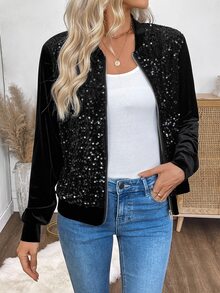 EMERY ROSE Jaket Wanita Modis untuk Komuter dengan Hiasan Payet dan Patchwork, Nyaman untuk Musim Gugur dan Cocok untuk Pesta Malam di Klub, Warna Hitam Seksi dan Elegan - Hitam - View 7