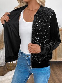 EMERY ROSE Jaket Wanita Modis untuk Komuter dengan Hiasan Payet dan Patchwork, Nyaman untuk Musim Gugur dan Cocok untuk Pesta Malam di Klub, Warna Hitam Seksi dan Elegan - Hitam - View 2
