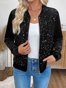 EMERY ROSE Jaket Wanita Modis untuk Komuter dengan Hiasan Payet dan Patchwork, Nyaman untuk Musim Gugur dan Cocok untuk Pesta Malam di Klub, Warna Hitam Seksi dan Elegan - Hitam - View 6