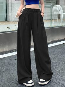 DAZY 女款素色百褶直筒寬鬆休閒長褲 秋季 - 黑色 - 查看 2