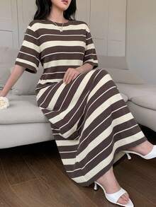 Livesso Petite Women's Street Minimalist Striped Colorblock Knit Dress Vacation - Multicolor - View 8