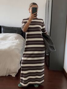 Livesso Petite Women's Street Minimalist Striped Colorblock Knit Dress Vacation - Multicolor - View 3