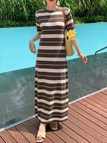 Livesso Petite Women's Street Minimalist Striped Colorblock Knit Dress Vacation - Multicolor - View 9