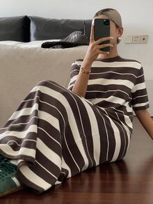 Livesso Petite Women's Street Minimalist Striped Colorblock Knit Dress Vacation - Multicolor - View 6
