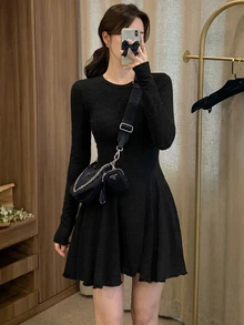 DAZY Women's Solid Color Round Neck Long Sleeve Casual Short Dress Fall - Black - View 7