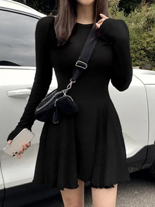 DAZY Women's Solid Color Round Neck Long Sleeve Casual Short Dress Fall - Black - View 3