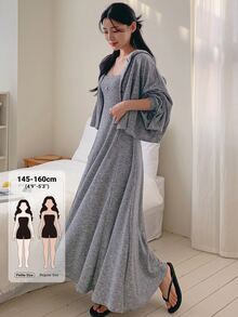 DAZY Women's Minimalist Casual Dress & Button Hooded Top 2 Pieces Set Fall - Grey - View 1