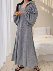 DAZY Women's Minimalist Casual Dress & Button Hooded Top 2 Pieces Set Fall - Grey - View 5