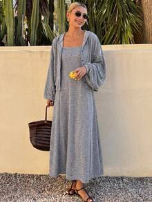 DAZY Women's Minimalist Casual Dress & Button Hooded Top 2 Pieces Set Fall - Grey - View 8