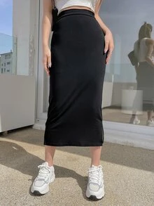 DAZY Women's Casual Versatile Solid Color Bodycon Skirt Fall - Black - View 7