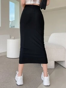 DAZY Women's Casual Versatile Solid Color Bodycon Skirt Fall - Black - View 2