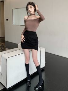 DAZY Chân váy quấn nữ thanh lịch đi làm màu trơn mùa thu - màu đen - Xem 8