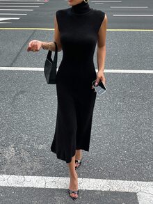Livesso Petite Women's Solid Color Casual Daily Knit Dress - Black - View 3
