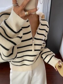 Livesso Petite Women's Korean Style Striped Colorblock Half-Zip Sweater Fall - Beige - View 4