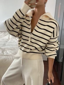 Livesso Petite Women's Korean Style Striped Colorblock Half-Zip Sweater Fall - Beige - View 8