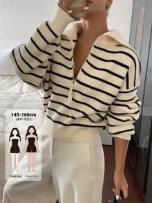 Livesso Petite Women's Korean Style Striped Colorblock Half-Zip Sweater Fall - Beige - View 1