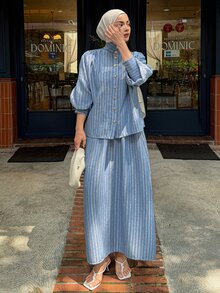 DAZY 女款條紋長袖上衣與裙子休閒日常兩件套 秋季 - 藍色 - 查看 6
