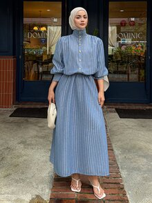 DAZY 女款條紋長袖上衣與裙子休閒日常兩件套 秋季 - 藍色 - 查看 4