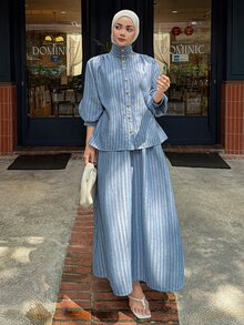 DAZY 女款條紋長袖上衣與裙子休閒日常兩件套 秋季 - 藍色 - 查看 3