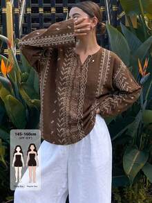 Livesso Petite Women's Geometric Pattern Cutout V-Neck Long Sleeve Casual Shirt Fall - Brown - View 1