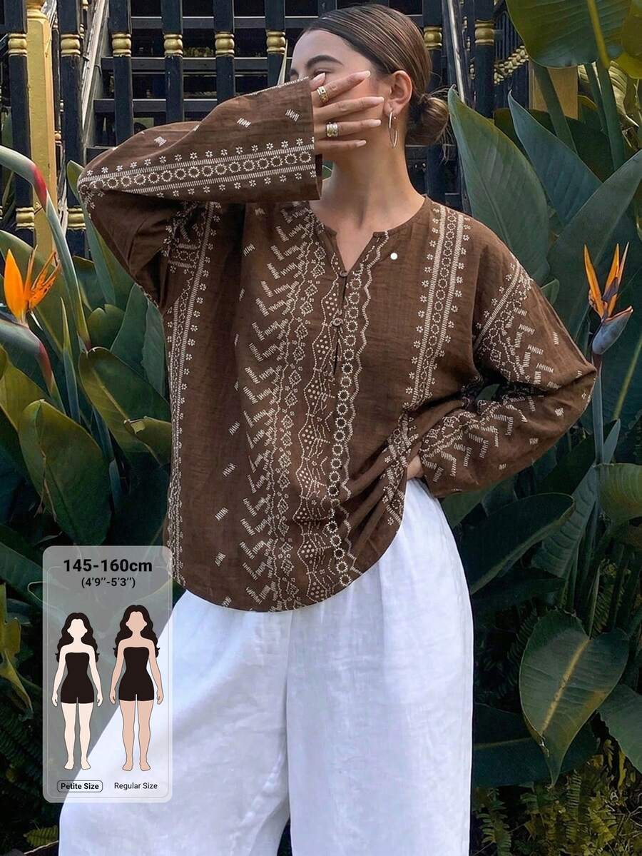 Livesso Petite Women's Geometric Pattern Cutout V-Neck Long Sleeve Casual Shirt Fall - Brown - View 1