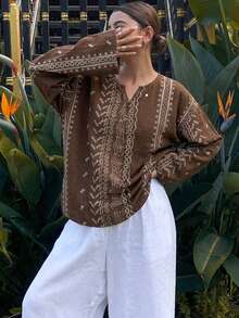 Livesso Petite Women's Geometric Pattern Cutout V-Neck Long Sleeve Casual Shirt Fall - Brown - View 11