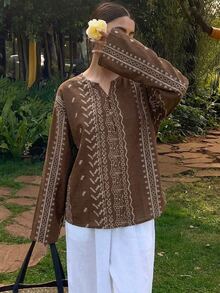 Livesso Petite Women's Geometric Pattern Cutout V-Neck Long Sleeve Casual Shirt Fall - Brown - View 7