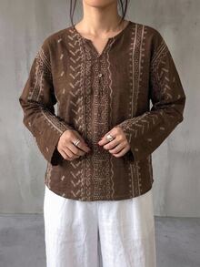 Livesso Petite Women's Geometric Pattern Cutout V-Neck Long Sleeve Casual Shirt Fall - Brown - View 9