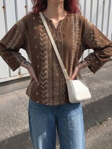 Livesso Petite Women's Geometric Pattern Cutout V-Neck Long Sleeve Casual Shirt Fall - Brown - View 10