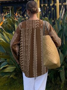 Livesso Petite Women's Geometric Pattern Cutout V-Neck Long Sleeve Casual Shirt Fall - Brown - View 2