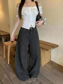 DAZY Women's Camouflage Letter Patchwork Striped Wide Leg Loose Casual Denim Jeans - Black - View 8