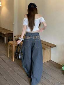 DAZY Women's Letter Patchwork Striped Wide Leg Loose Casual Denim Jeans Fall - Baby Blue - View 2