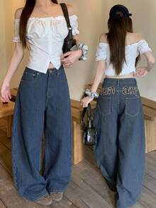 DAZY Women's Letter Patchwork Striped Wide Leg Loose Casual Denim Jeans Fall - Baby Blue - View 8