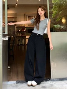 DAZY Women's Wide Leg Loose Casual Versatile Denim Jeans With Pockets Fall - Black - View 9