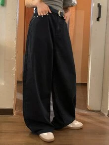 DAZY Women's Wide Leg Loose Casual Versatile Denim Jeans With Pockets Fall - Black - View 7